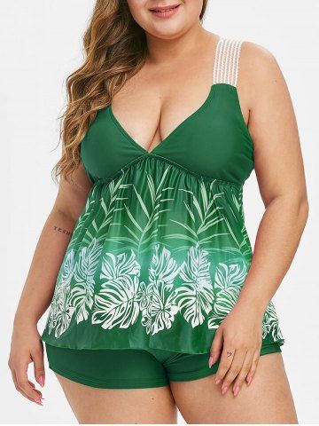 rosegal Lace Straps Contrast Leaves Print Plus Size Tankini Swimsuit