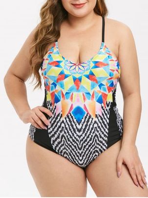 Plus Size Geometry Zigzag Cami One-piece Swimsuit