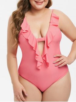 Plus Size Plunge Ruffled Cutout One-piece Swimsuit - FLAMINGO PINK - 4X