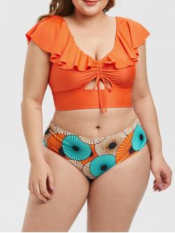 Plus Size Ruffle Cinched Keyhole Printed Two Piece Swimsuit - ORANGE - L