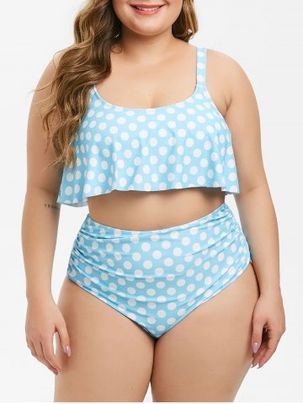 Flounces Polka Dot High Waisted Ruched Plus Size 1950s Tummy Control Tankini Swimsuit