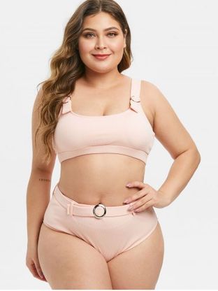 Plus Size Ring Belted Textured Ribbed Bikini Swimsuit