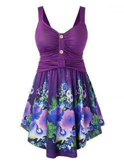 Plus Size Flower Fit And Flare Tank Top - PURPLE - 4X