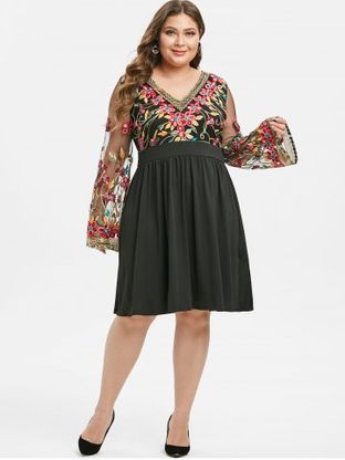 Plus Size Fit And Flare Embroidery Gauze Sleeve Dress
