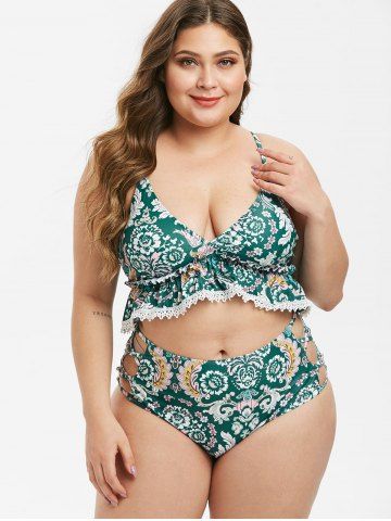Plus Size Plant Print Lattice Frilled Bikini Swimsuit