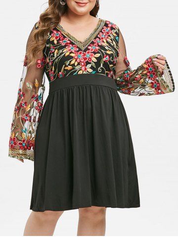 Plus Size Fit And Flare Embroidery Gauze Sleeve Dress - BLACK - L