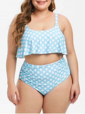 Flounces Polka Dot High Waisted Ruched Plus Size 1950s Tummy Control Tankini Swimsuit - LIGHT SKY BLUE - L