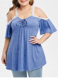 Plus Size Lace Up Cold Shoulder Lace Panel Tunic Tee -  