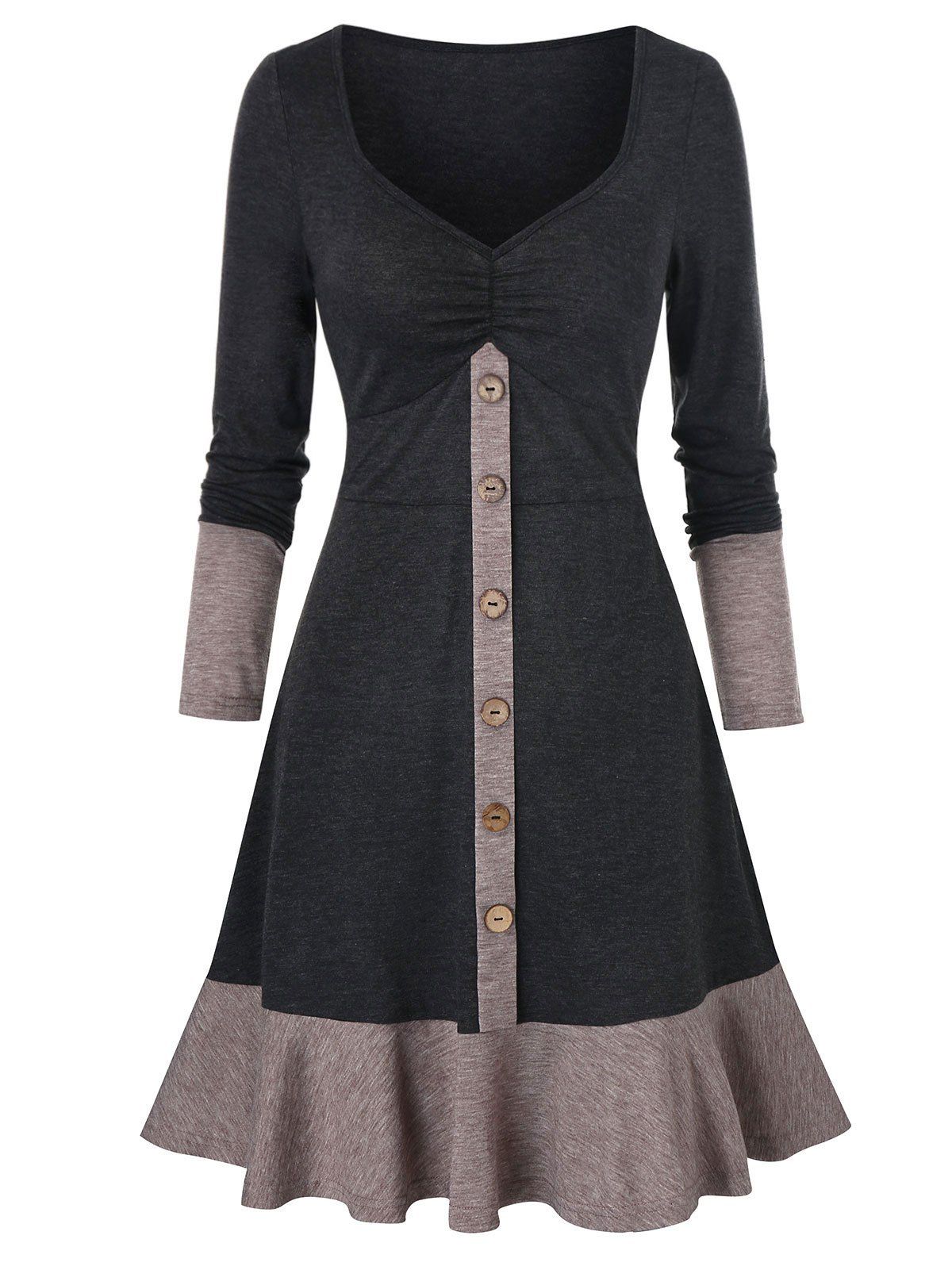 

Ruched Two Tone Flounced Dress, Dark gray
