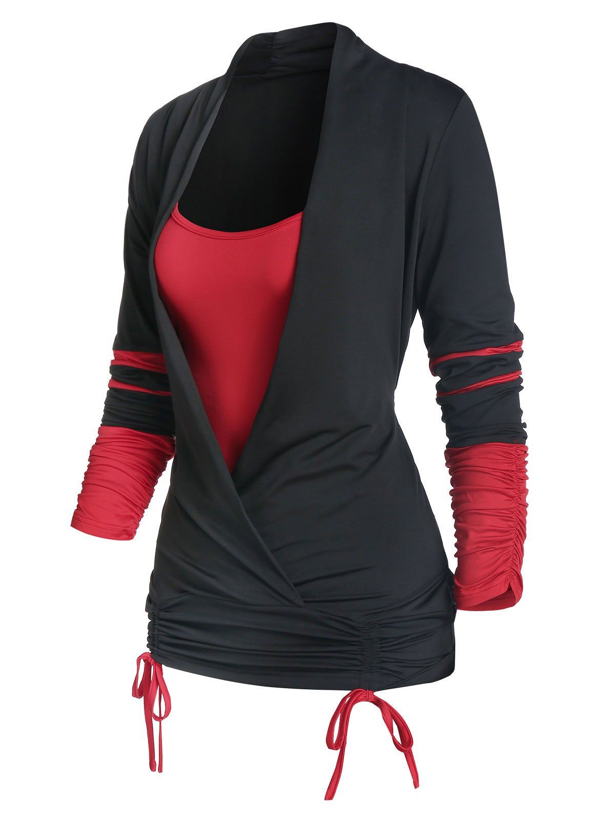 

Long Sleeve Cinched Contrast Faux Twinset T-shirt, Black
