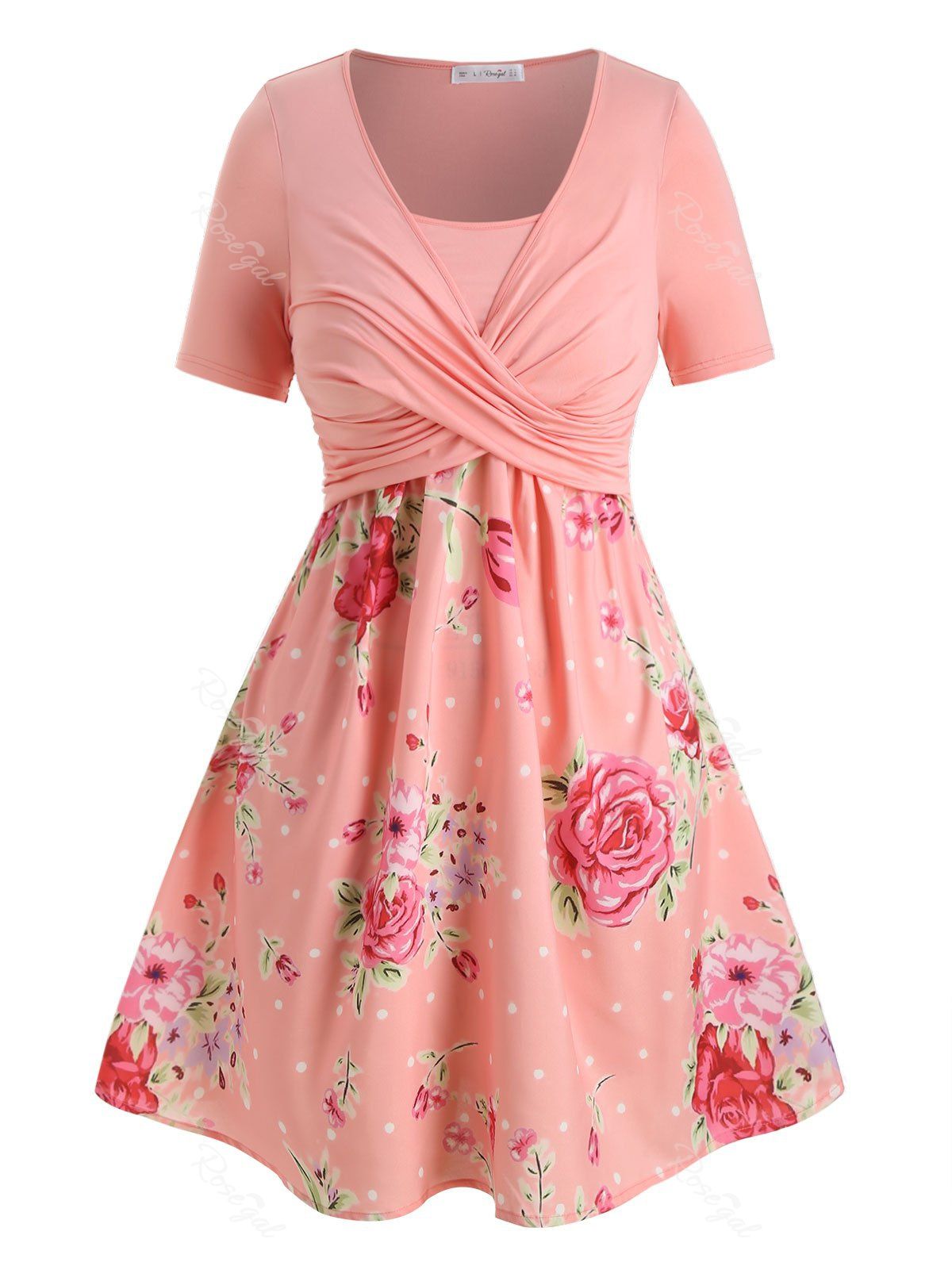 

Plus Size Floral Print Crossover A Line Dress, Pink