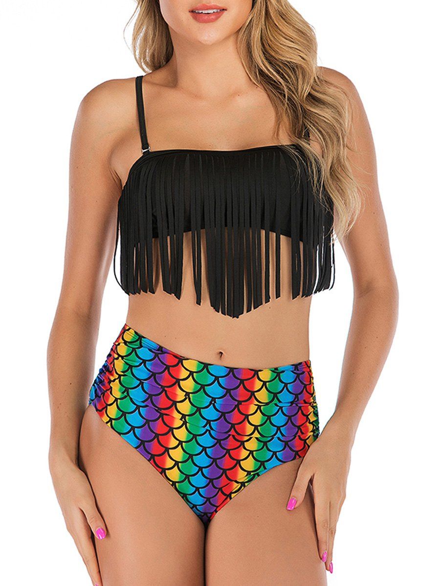 

Mermaid Rainbow Fringed Tummy Control Bikini Swimsuit, Black