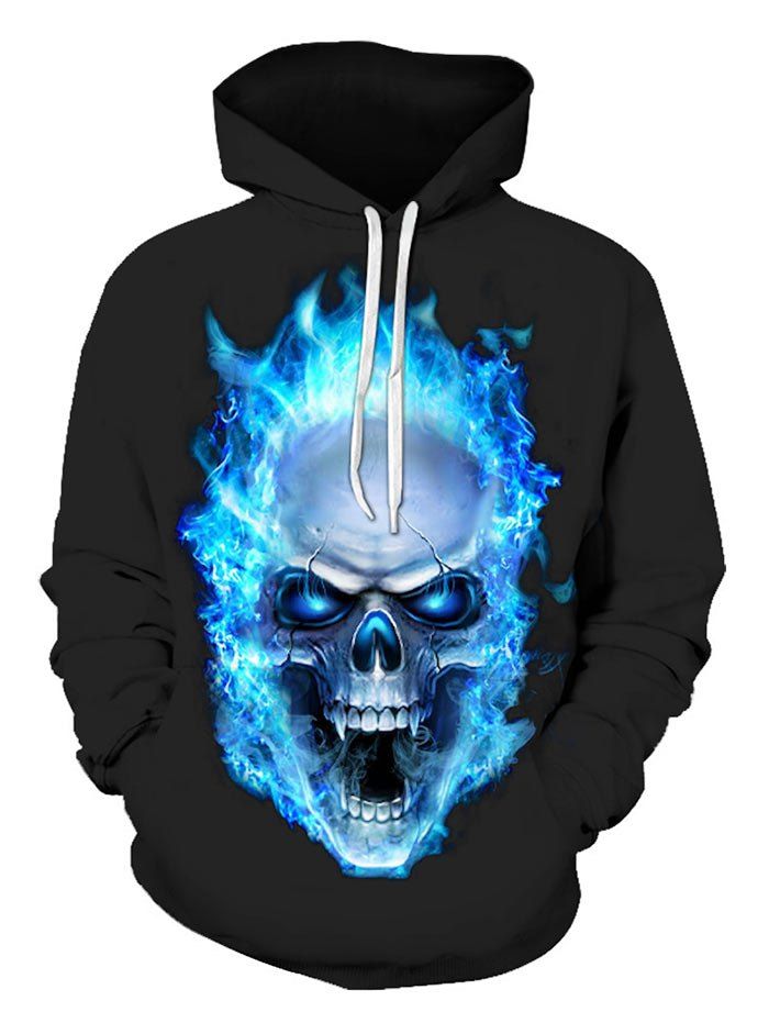 

Skull Flame Print Pouch Pocket Hoodie, Black
