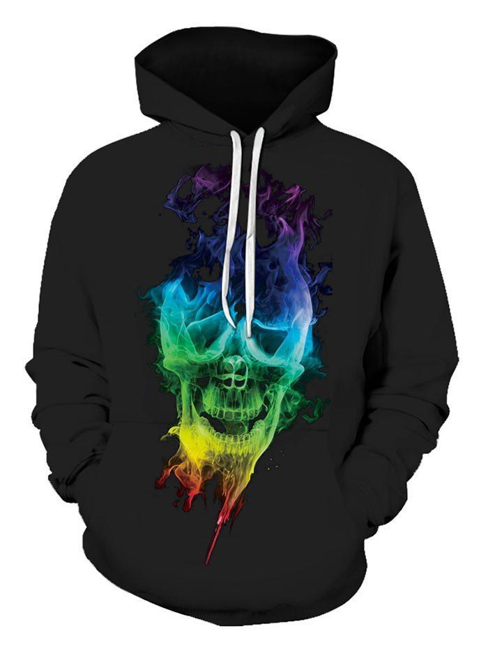 

Colorful Skull Print Pocket Hoodie, Black