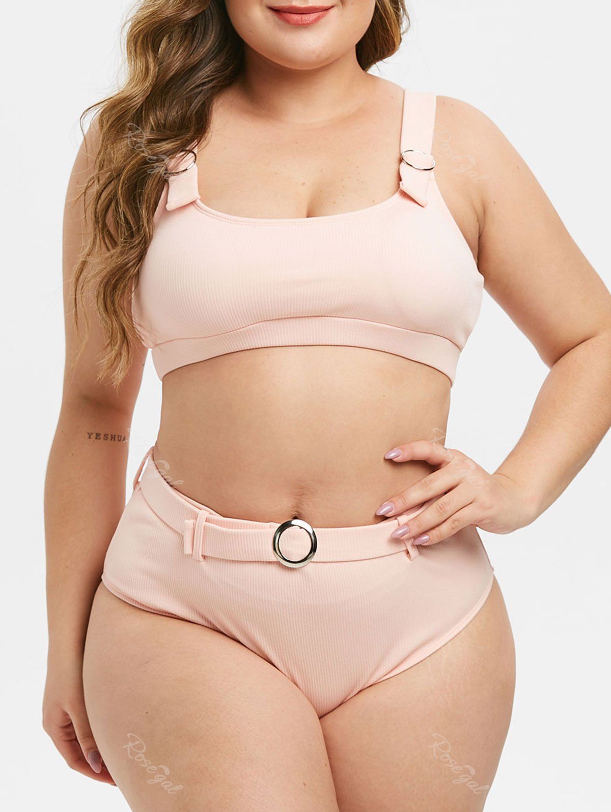 Sale Plus Size Ring Belted Textured Ribbed Bikini Swimsuit  