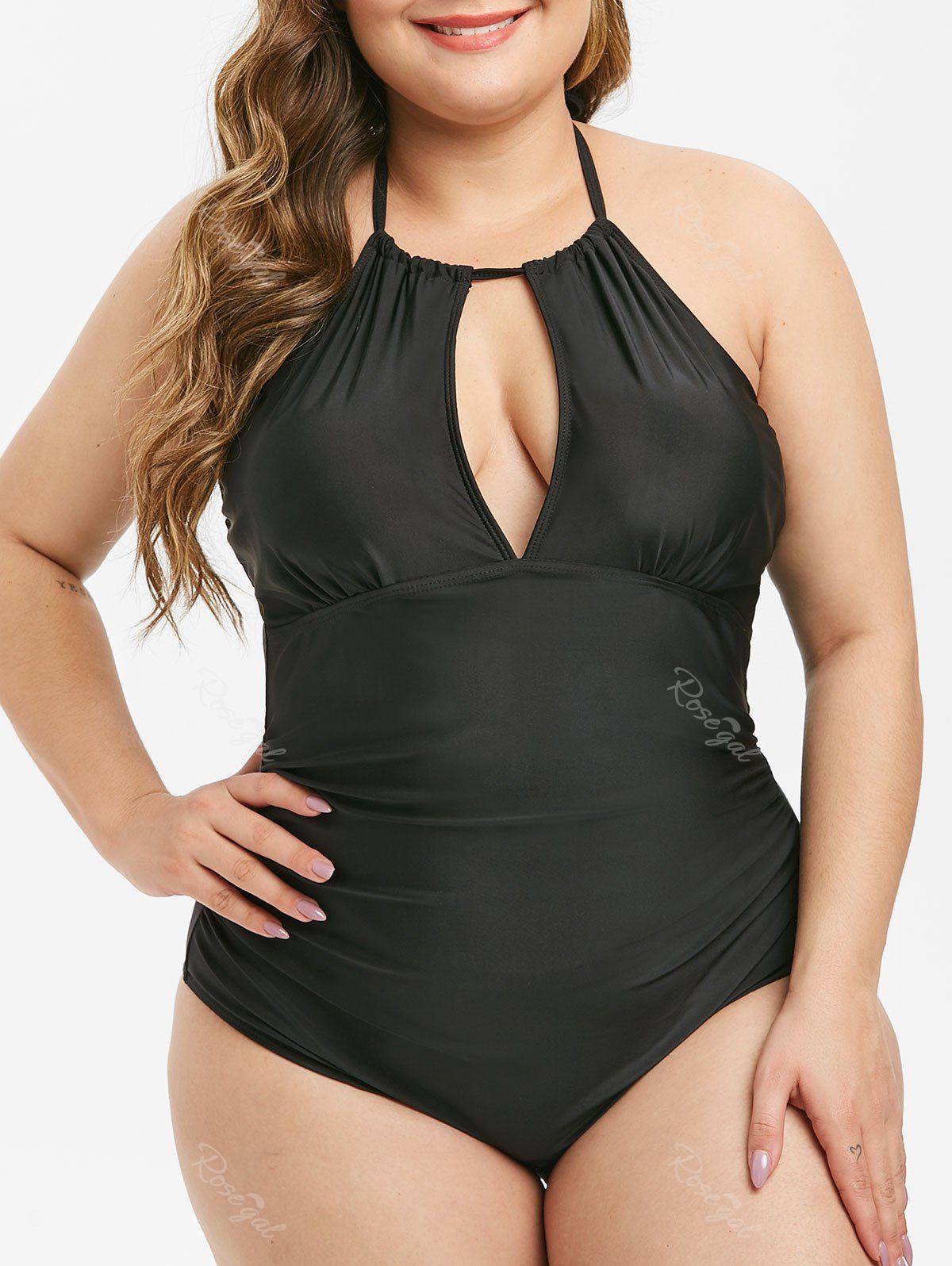 

Plus Size Halter Solid Color One-piece Swimsuit, Black