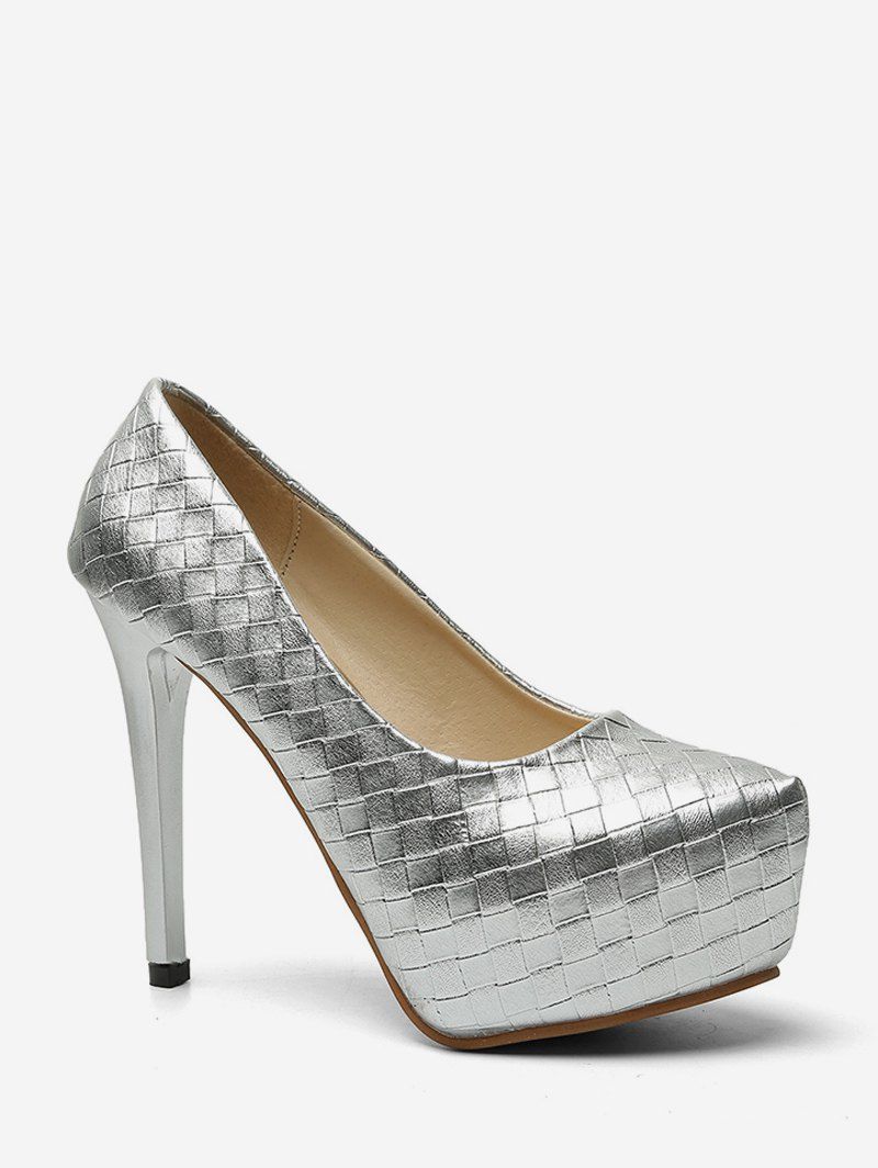 

Slip On Checkered Wedding High Heel Shoes, Silver