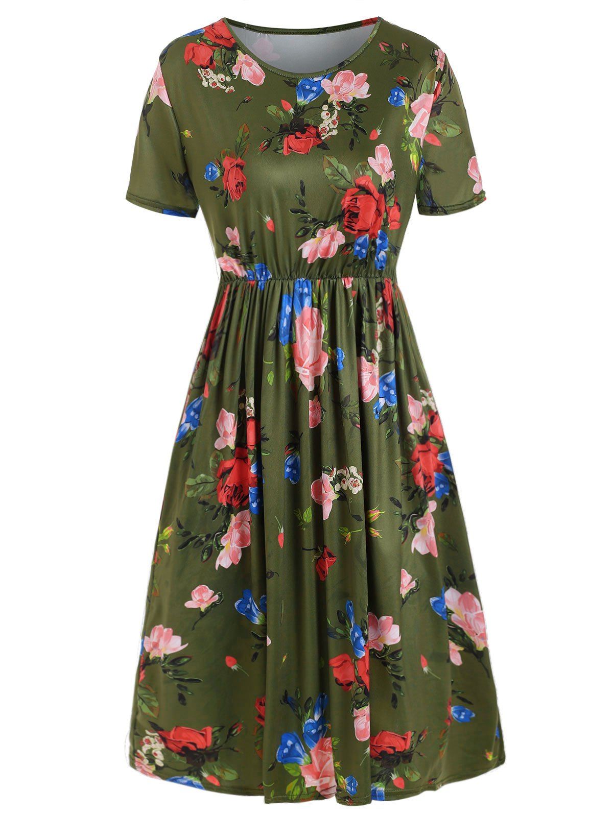 

Floral Print Short Sleeves A Line Dress, Fern green