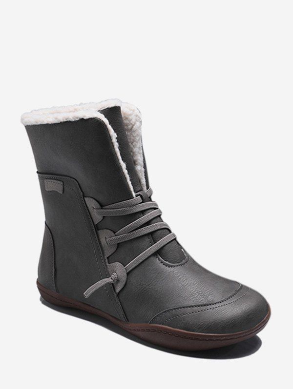 

Lace Up Leather Flat Fleece Mid Calf Boots, Gray