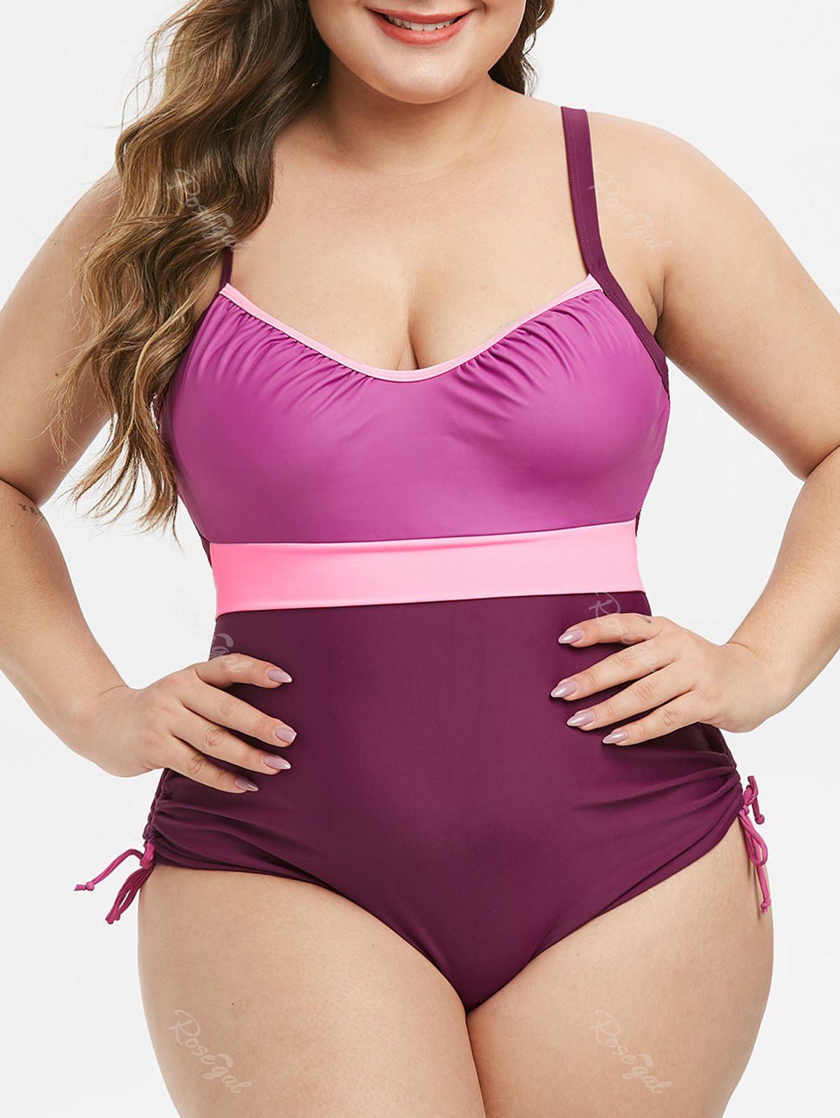 

Plus Size Cinched Colorblock One-piece Swimwear, Multi-a