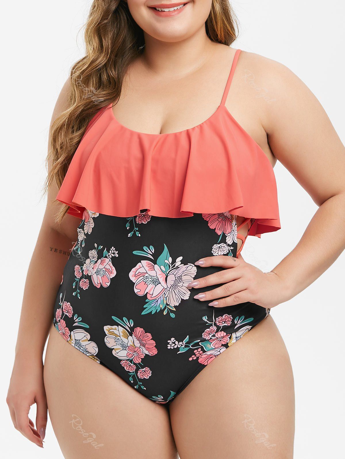 

Plus Size Floral Print Ruffle Crisscross One-piece Swimsuit, Living coral