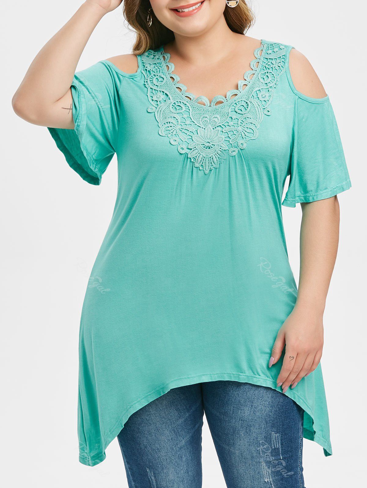 

Plus Size Open Shoulder Lace Crochet Asymmetric T Shirt, Medium turquoise