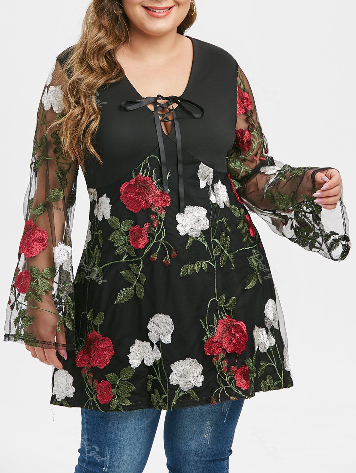 

Plus Size Embroidered Lace Up T Shirt, Black