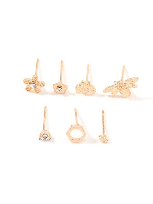 

7Pcs Flower Bee Rhinestone Stud Earrings Set, Gold