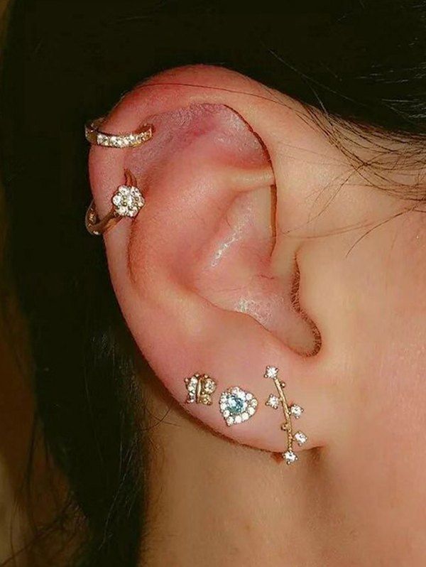 

5Pcs Rhinestone Flower Butterfly Earrings Set, Gold