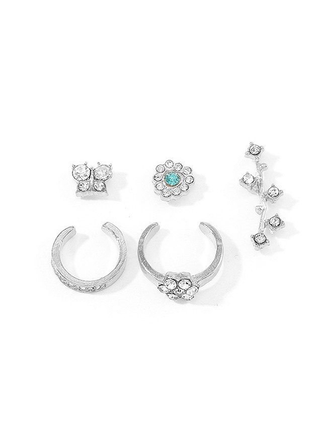 

5Pcs Rhinestone Flower Butterfly Earrings Set, Silver