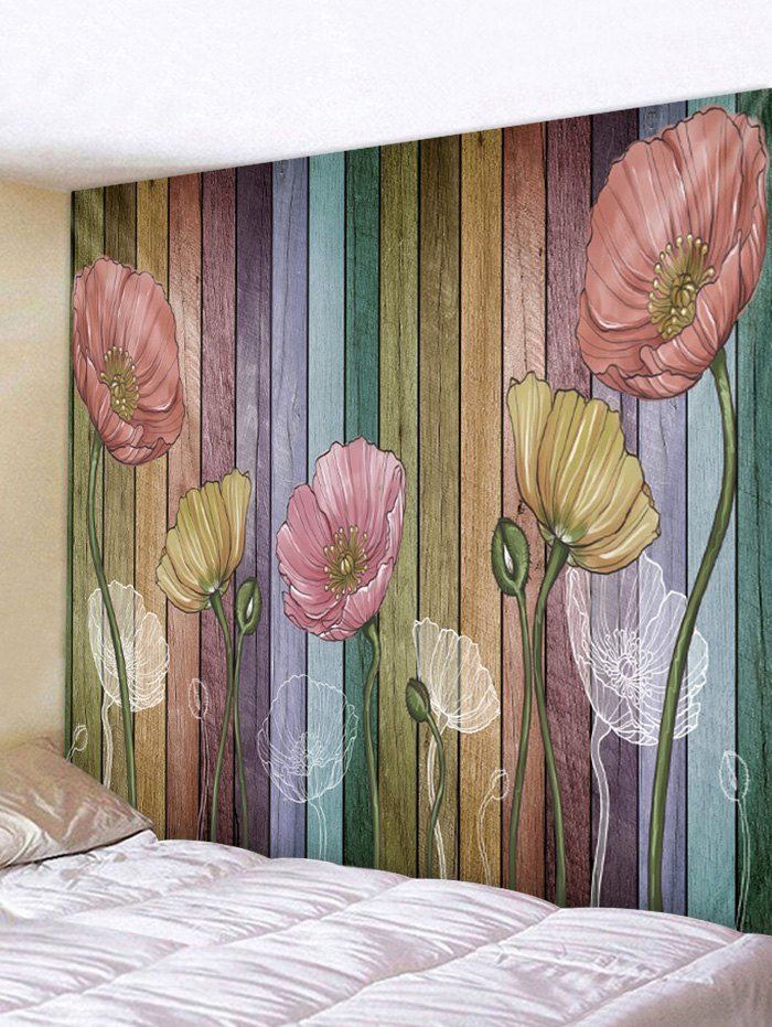 

Wooden Board Flowers Printed Tapestry Wall Hanging Art Decor, Multi-a