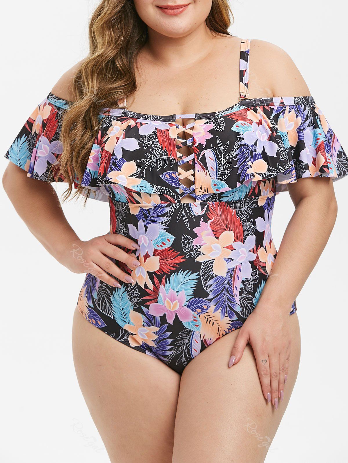 New Plus Size Flounce Plant Print Lattice One-piece Swimsuit  