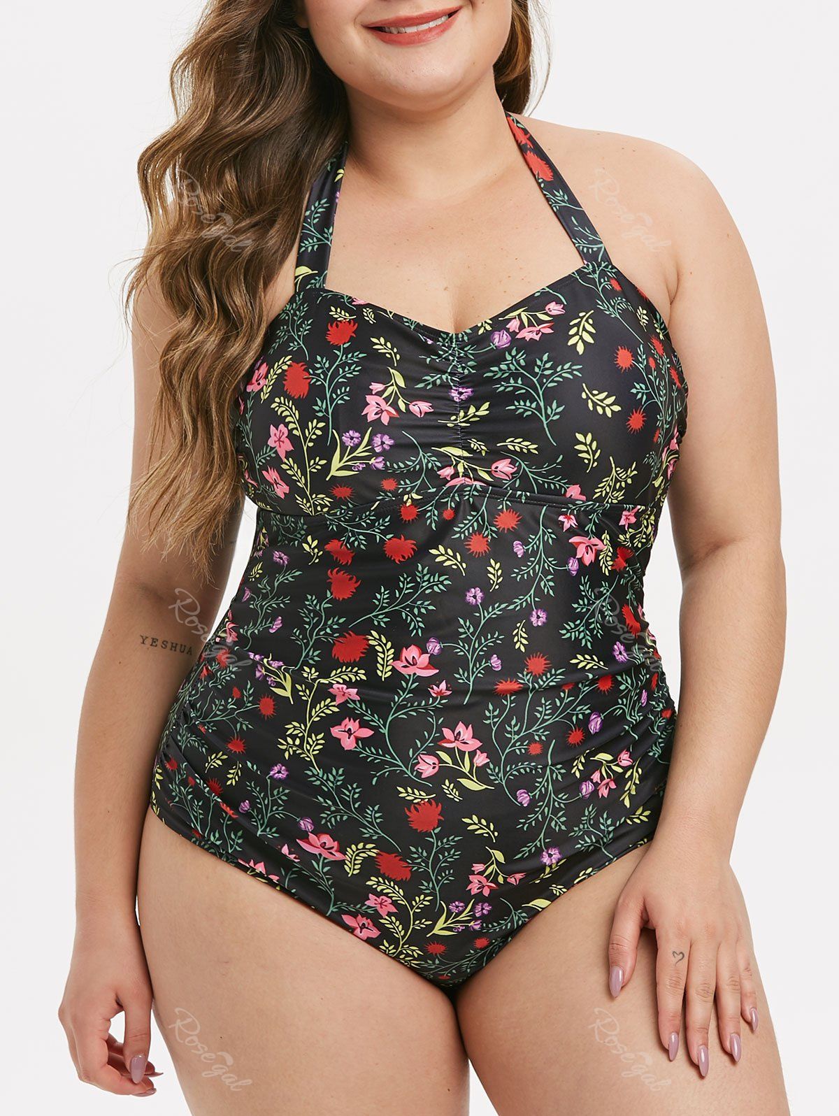 

Plus Size Halter Plant Print Ruched One-piece Swimsuit, Black