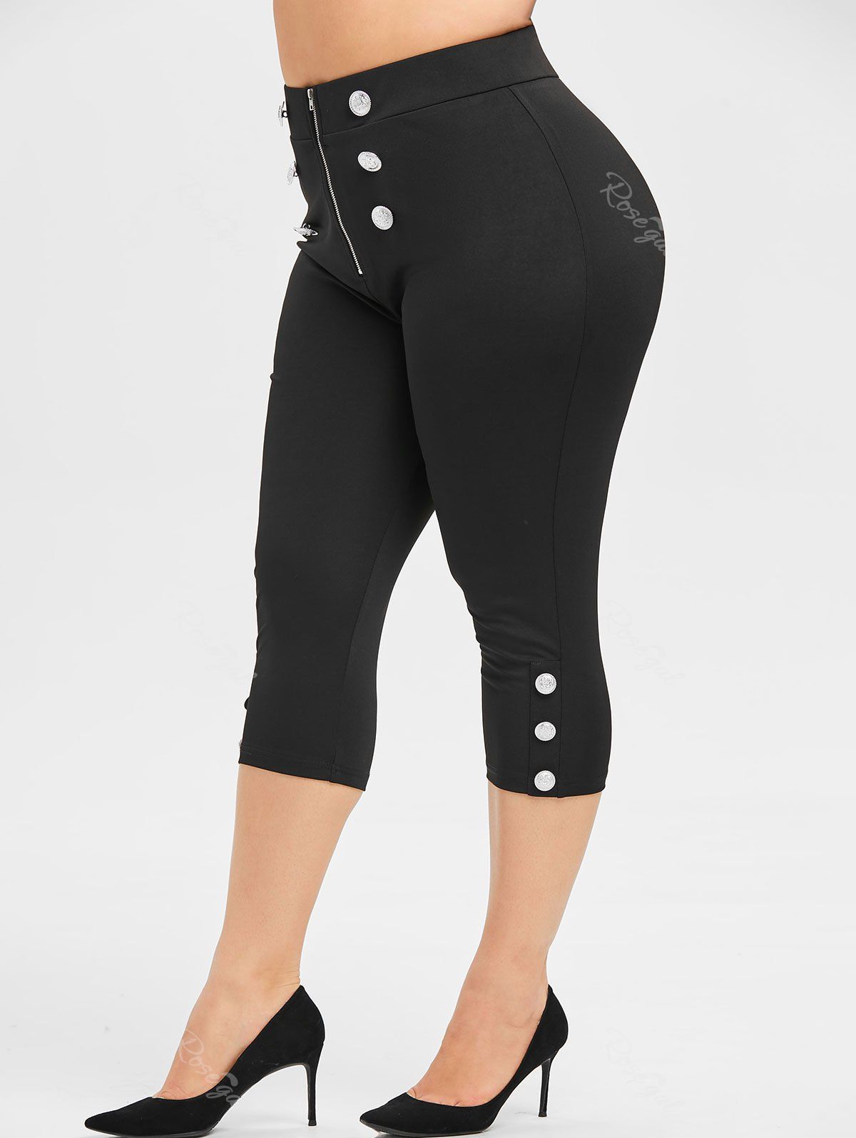 Download 38% OFF Plus Size Mock Buttons Skinny Capri Leggings ...