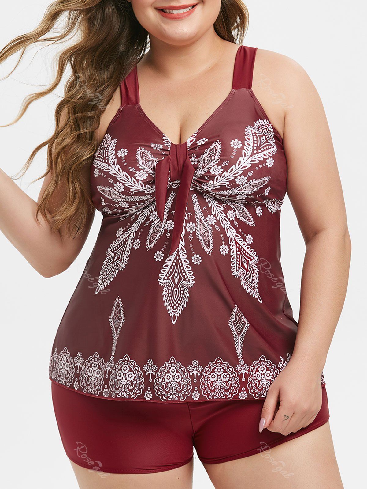 

Plus Size Tribal Print Front Knot Tankini Swimsuit, Red wine