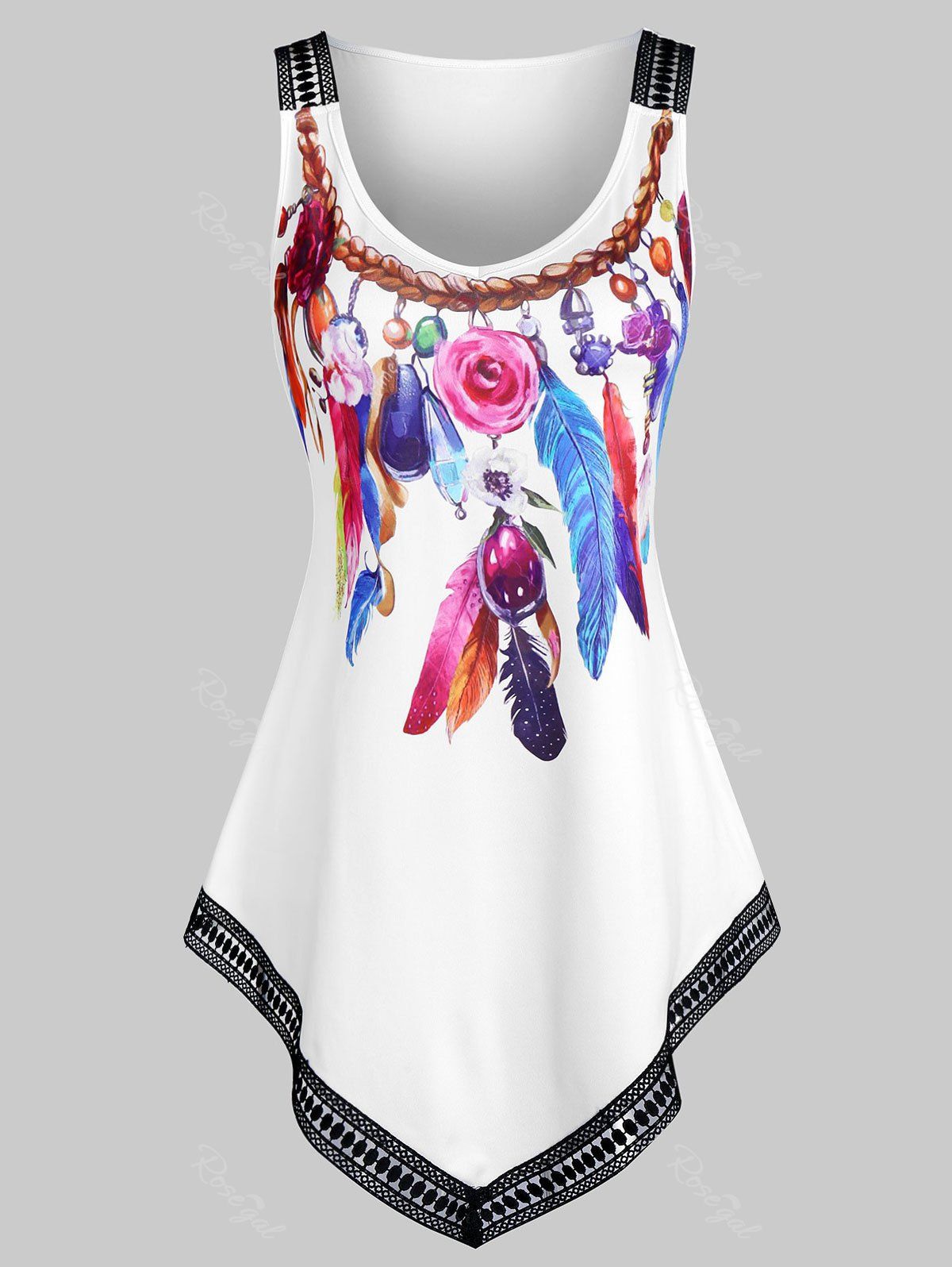 Fancy Feather Print Lace Trim Pointed Hem Tank Top  