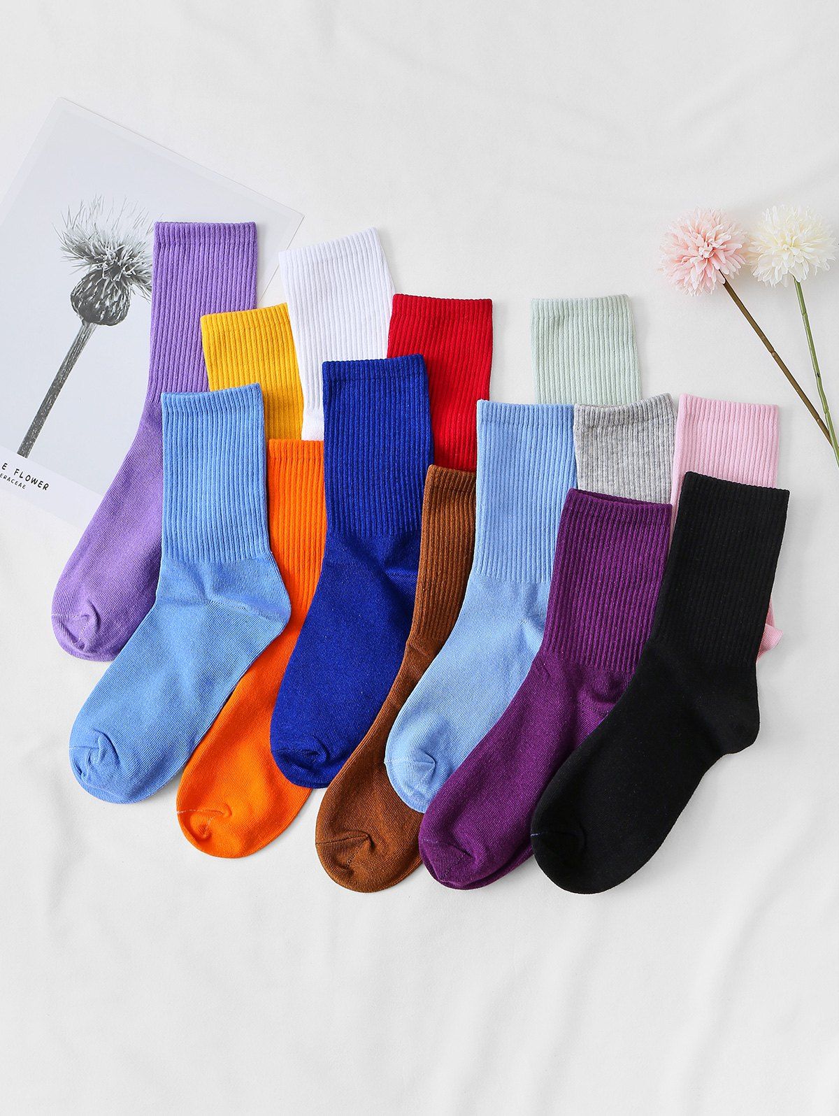 

14 Pairs Solid Sports Crew Length Socks Set, Multi-a