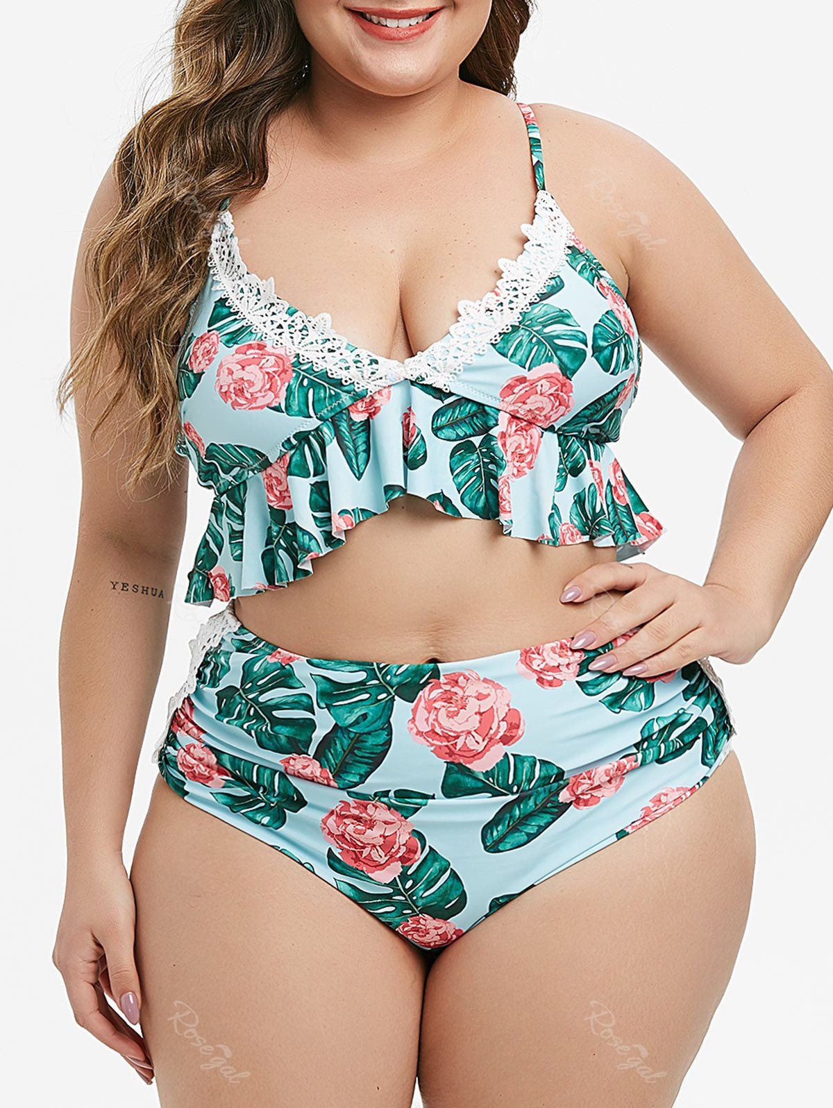

Plus Size Laced Floral Palm Leaf Ruched Bikini Swimsuit, Blue