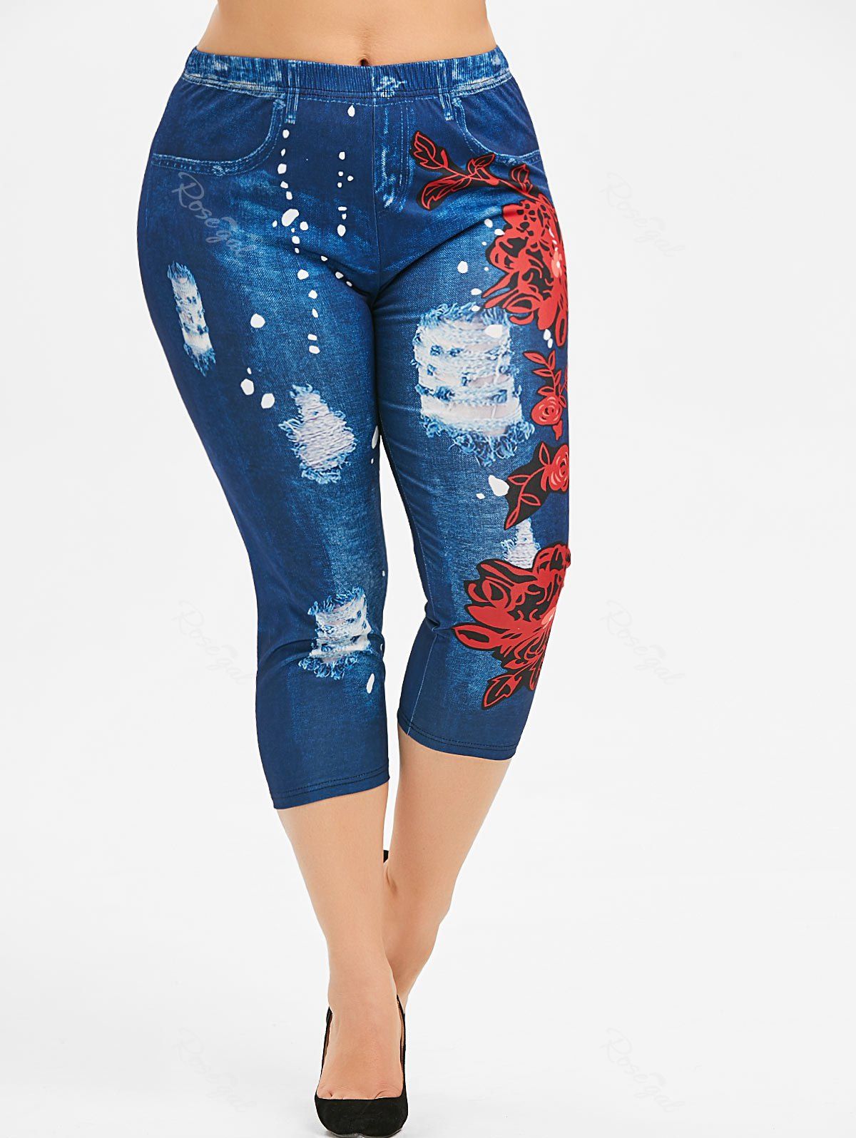 

Plus Size Floral 3D Ripped Print Capri Jeggings, Denim dark blue