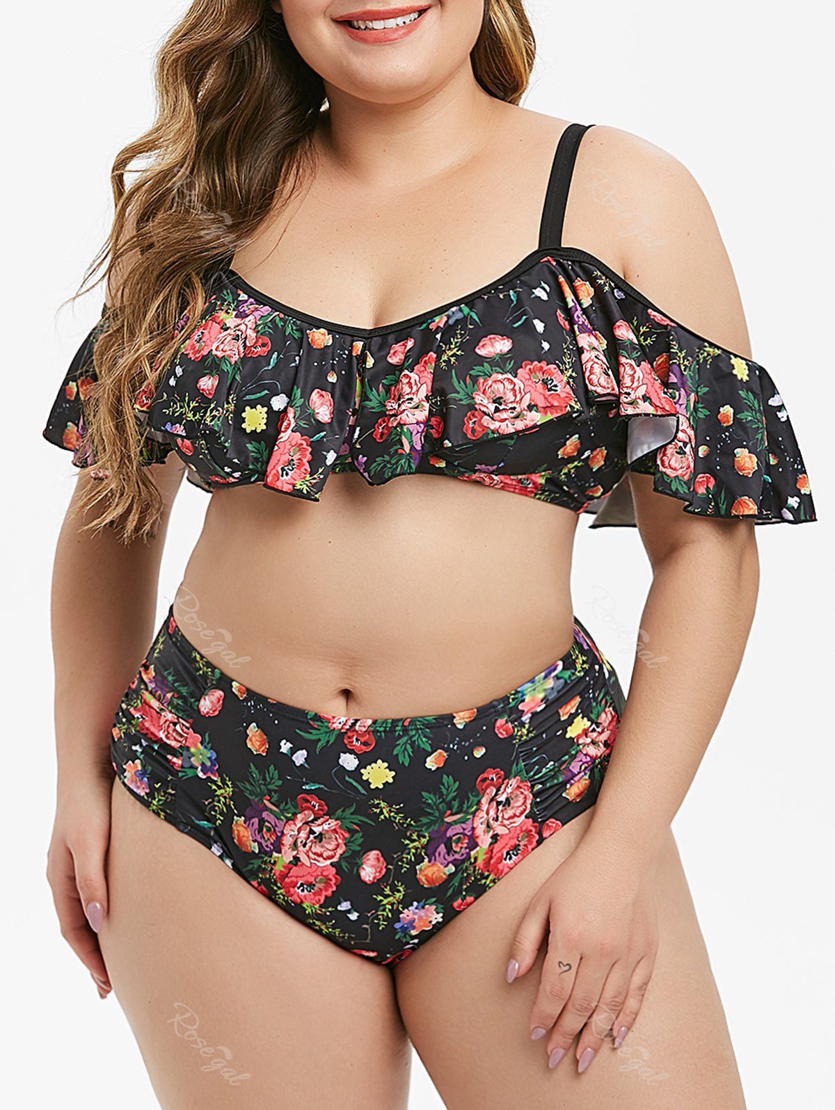 New Plus Size Floral Flounce Ruched Cold Shoulder Bikini Swimsuit  