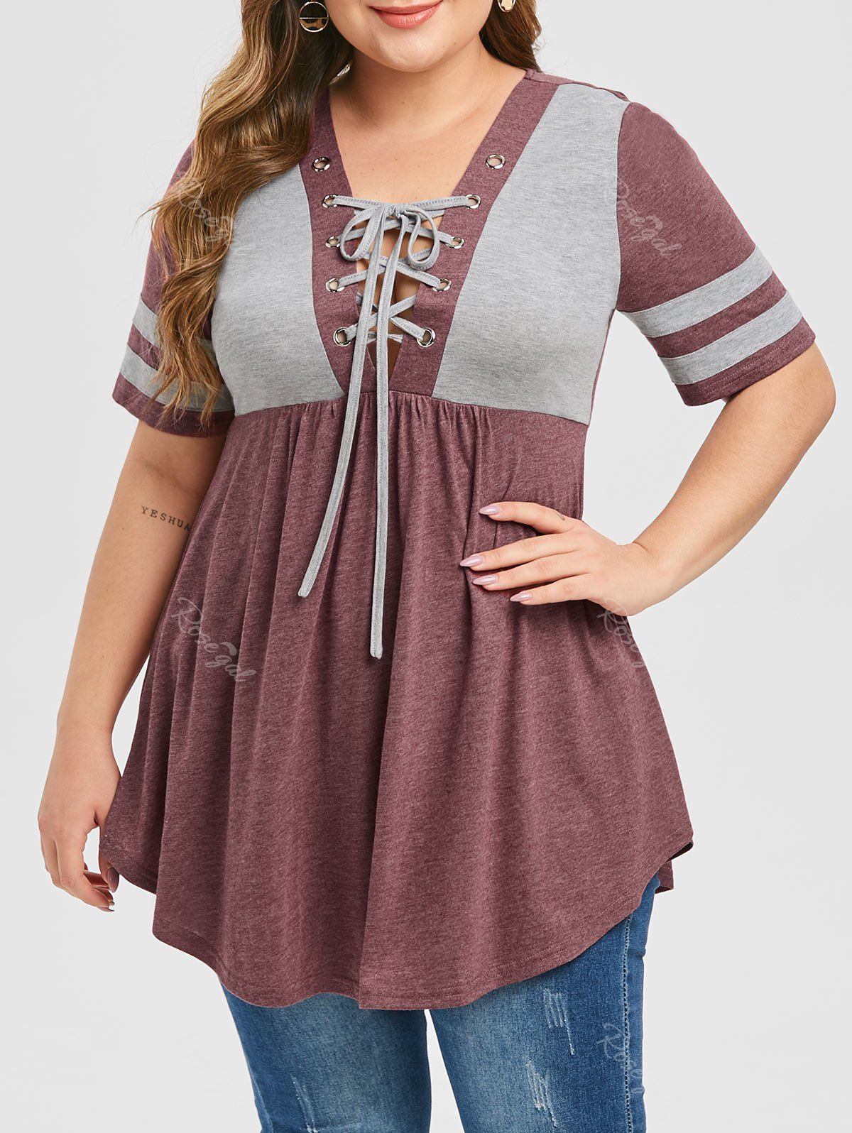 

Plus Size Lace Up Colorblock High Waist Top, Red wine