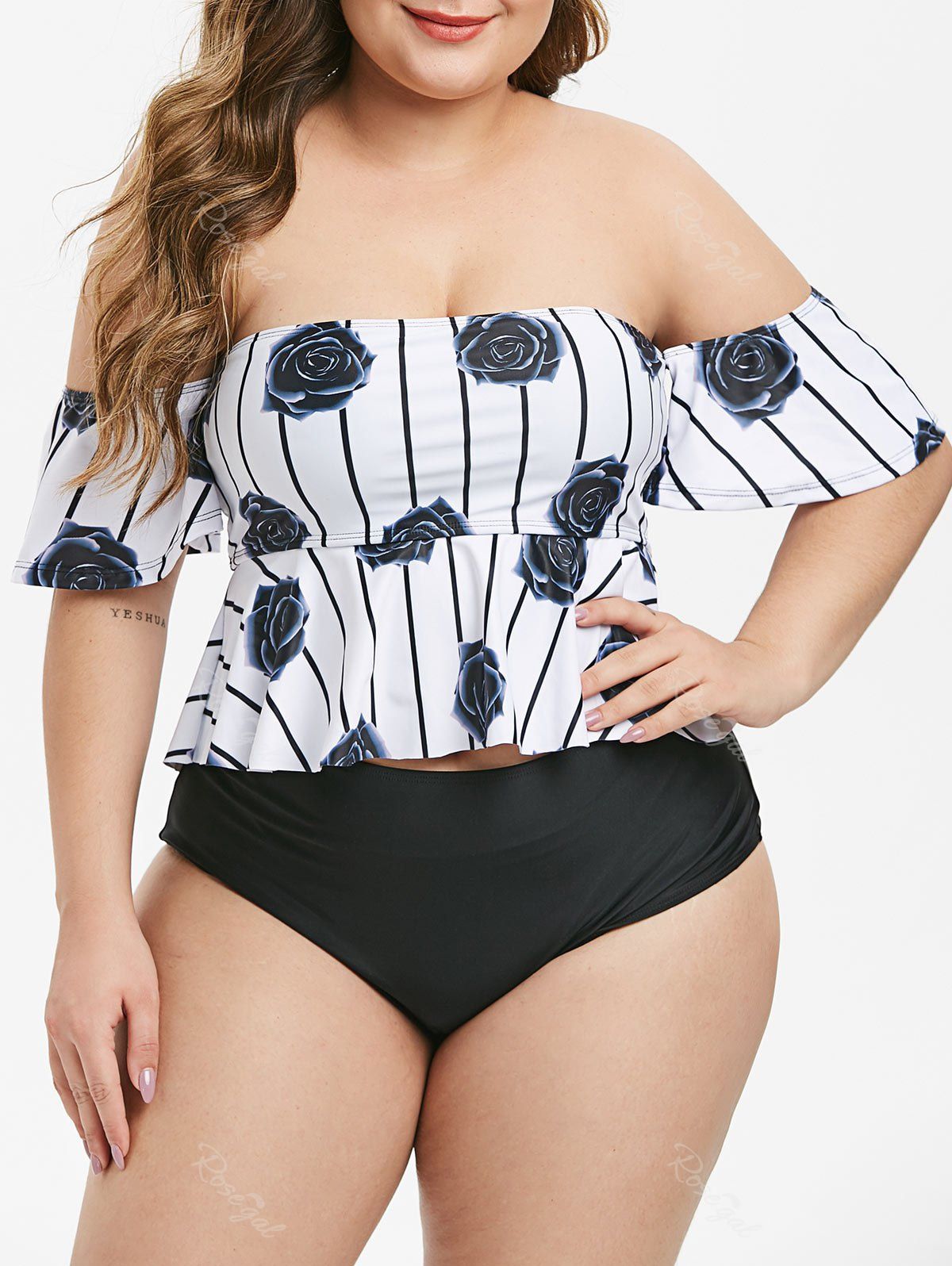 Online Peplum Hem Stripes Rose Off Shoulder Plus Size Two Piece Swimsuit  