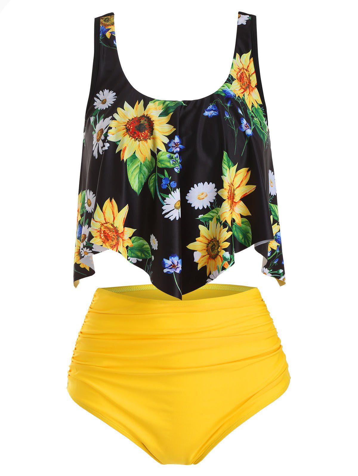 

Flounce Overlay Sunflower Tummy Control Tankini Swimwear, Multi