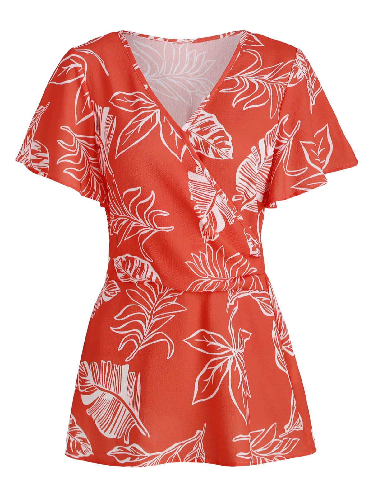 

Flower Leaf Print Flutter Sleeve V Neck Surplice Blouse, Orange