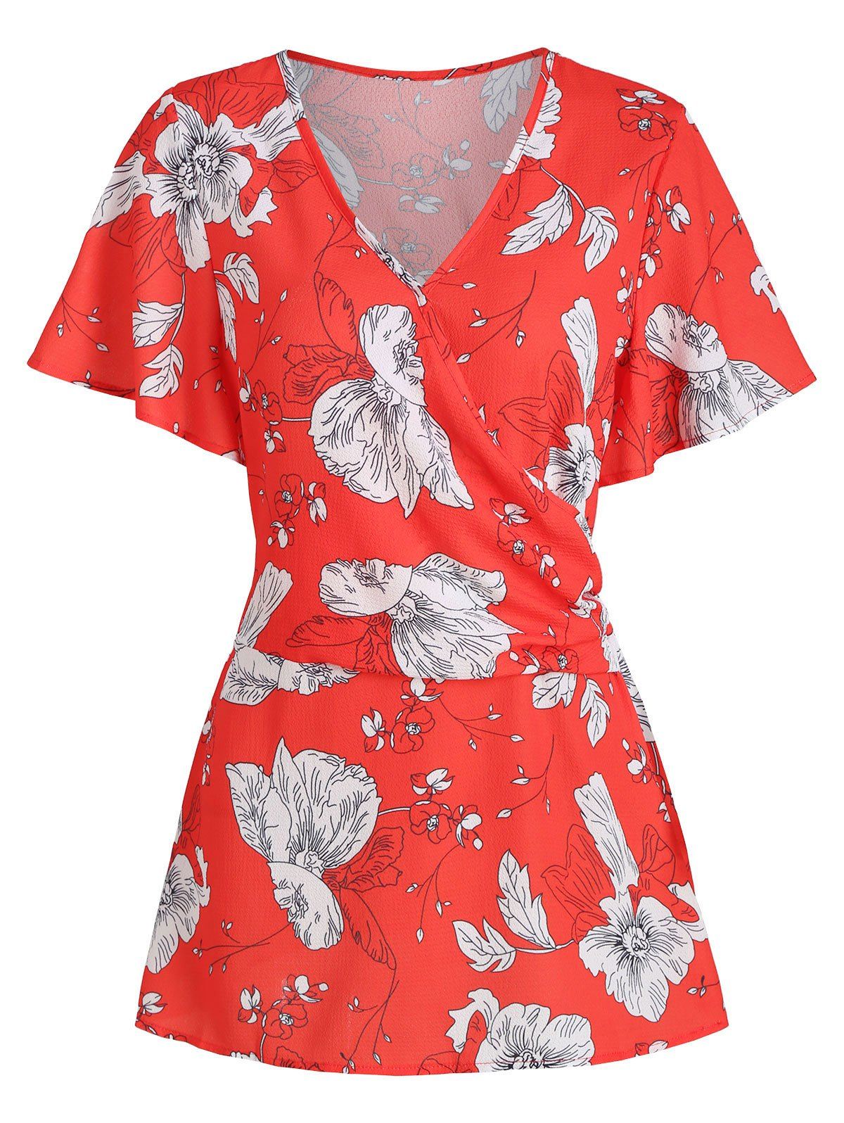 

Flower Leaf Print Flutter Sleeve V Neck Surplice Blouse, Lava red