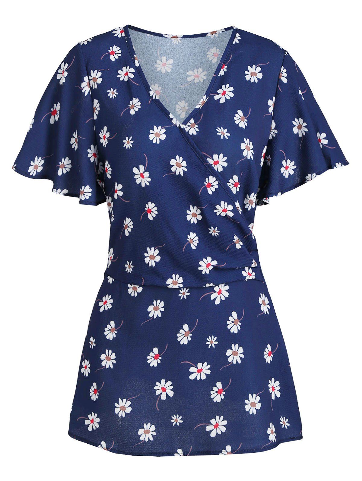

Flower Leaf Print Flutter Sleeve V Neck Surplice Blouse, Deep blue