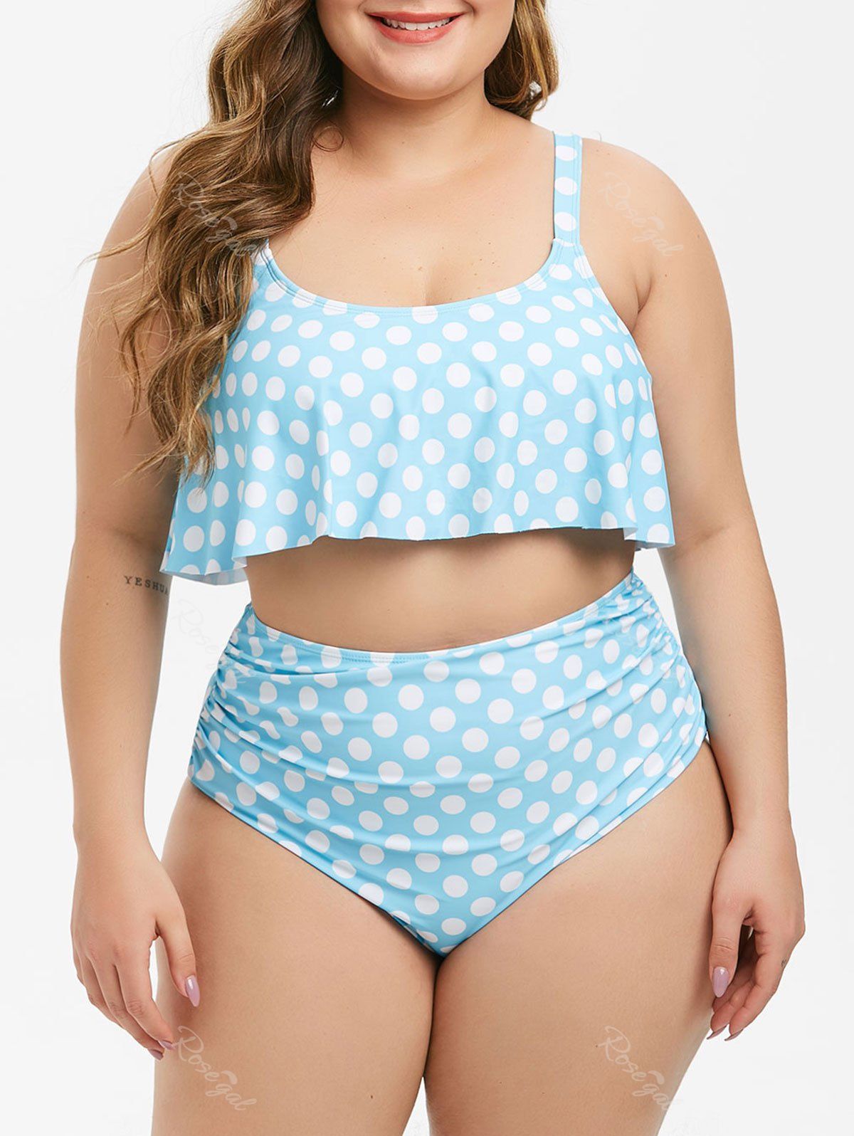 Sale Flounces Polka Dot High Waisted Ruched Plus Size 1950s Tummy Control Tankini Swimsuit  