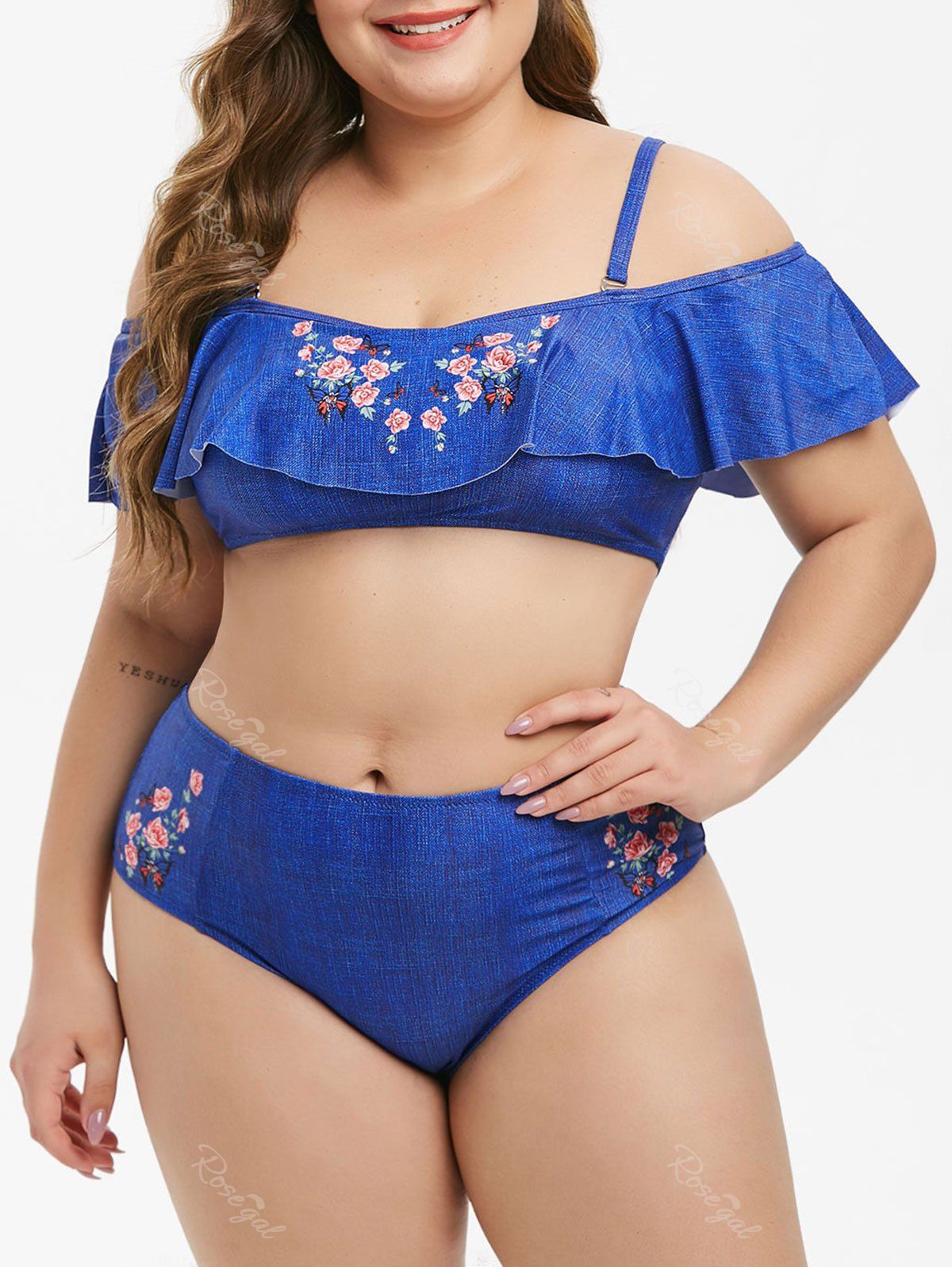 

Overlay Flounces Floral Plus Size Bikini Swimsuit, Blueberry blue