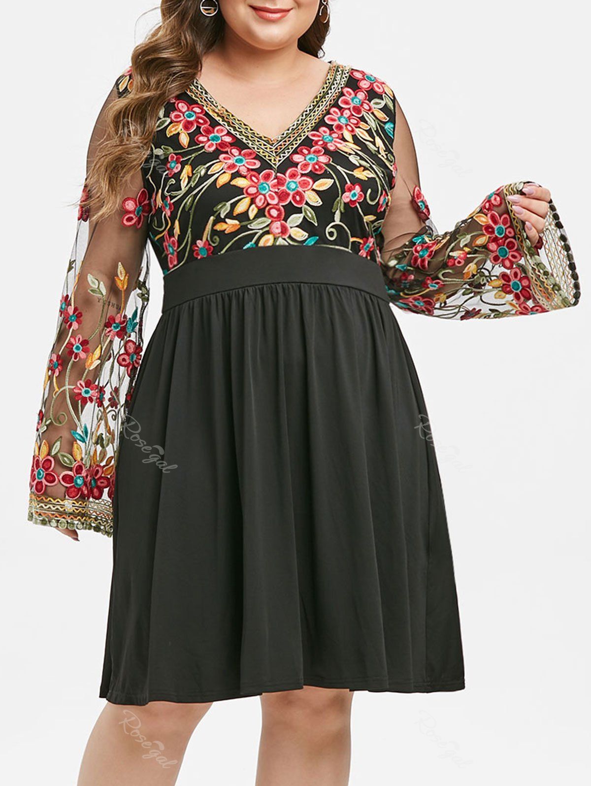 [26% OFF] Plus Size Fit And Flare Embroidery Gauze Sleeve Dress | Rosegal