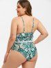 Plus Size Plant Print Lattice Frilled Bikini Swimsuit -  